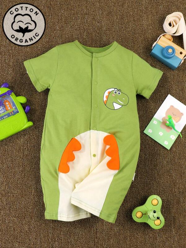 1pc 1M-18M Baby Infant Romper, Cartoon Dinosaur Print, Pure Cotton Short Sleeve Jumpsuit For Newborn, Suitable For Indoor And Outdoor Wear, Summer
