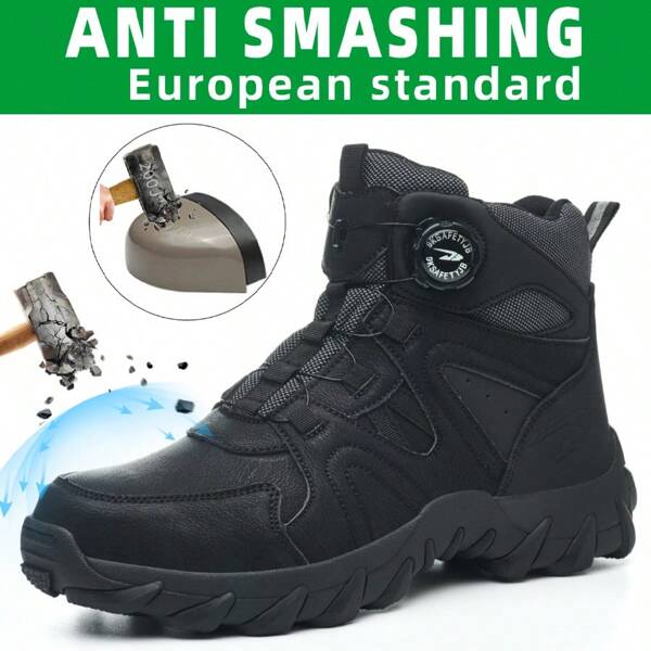 Men's Construction Site Work Safety Boots, High-Top, Casual & Fashionable, Steel Toe, Anti-Impact, Anti-Puncture, Knob-Free Lacing For Easy On/Off, Ultralight Sole, Soft & Anti-Slip