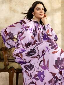 Faeriesty Printing Elegant Chiffon Maxi Dress With Intricate Floral Printed – High Neck Ruffled Sleeves, Adjustable Drawstring Waist & Tiered Ruffle Hem For Garden Parties, Art Exhibitions & Boho Chic Travel Outings,Vacation Essentials - Baby Pink - View 7