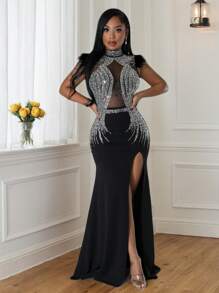 Women's Black Sleeveless Stand Collar Long Prom Dress With Semi-Sheer Mesh And Contrast Sequin Details For Party,Hot Stamping High Slit Waist Cinching Dress,Halloween Costume ,Women Christmas Dress,Autumn Women,Winter Dress Women,Matric Dance Black Dresses,Sequin Dress