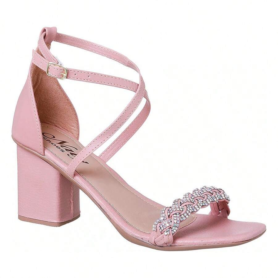 Women's Sandals High Heel Thick Casual Rhinestone Closed Back Braided Stones - Nude - View 1