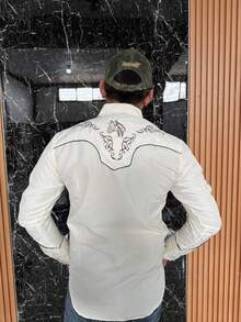 Camisa charra vaquera de rodeo bordada artesanal mexicana para hombre color beige bordado café - Beis - Ver 4