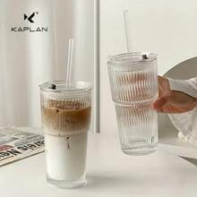 1 pieza, Vaso de vidrio con rayas, con pajita y tapa - 20.29oz/600ml, llamativo vaso de vidrio para beber, apto para café, té, whisky, leche, americano con hielo y bebidas de latte