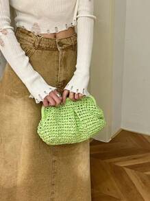 1 pieza Bolso de embrague con volantes tejido a mano de paja, bolso de paja macizo hecho a mano a ganchillo para mujeres, estilo casual de playa de vacaciones de verano bolso bandolera