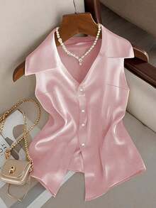 Women Elegant V-Neck Champagne Color Sleeveless Camisole Top For Commute - Pink - View 3