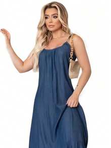 Long Denim Dress Adjustable Strap Flare Open Back Elegant Simple Casual Jeans Ruffle Hem Dress Beach Evening Holiday Wedding Vacation Office Daily Summer - 藍色 - 查看 5