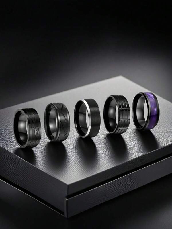 Set de 5 anillos personalizados con contraste de color y grabado floral en relieve para hombres