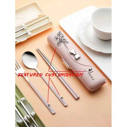 3pcs Stainless Steel Cutlery Set Including Spoon, Fork And Chopsticks, Convenient Tableware Suitable For Students And Outdoor Use, With Bowknot Decor, Kitchen, Holiday Gifts, Back To School Gifts, Work Gifts, Brunch-Ready, Multi-Functional, Durable, Ornamental, Reusable, Exquisite, Stylish, High-Quality, Colorful, Modern, Custom, Personalized, Unique, For Valentine's Day, For Mother's Day, For Birthdays, For Father's Day, For Graduation, For Weddings, For Housewarming