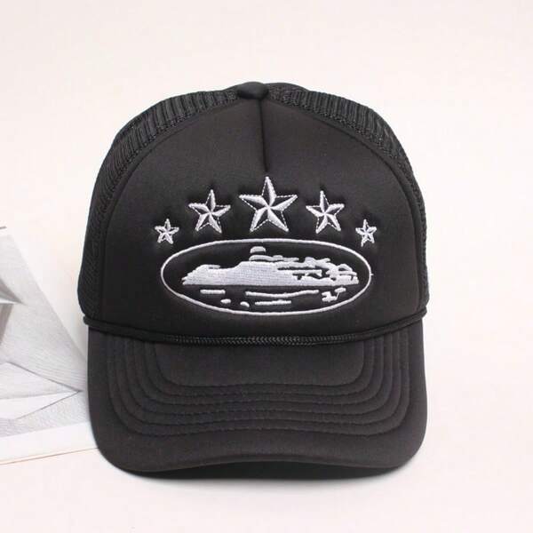 1 pieza Gorra de béisbol de moda, gorra de malla con costura de estrellas para verano, estilo casual y versátil. Nota: Puede haber compresión del embalaje al recibirlo, con instrucciones de cuidado incluidas.