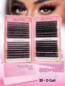 Miss Wink 608 Cluster Super Dense 3D Lashes 50D+100D Effect Extension Mixed Set, 32 Rows 10-16mm Mixed Length 0.07mm D Curl, Thick & Curly Two Types Of Lashes For DIY Lash Extension, Suitable For Daily Makeup Or Outings, Cartoon Lashes - 黑色 - 查看 1