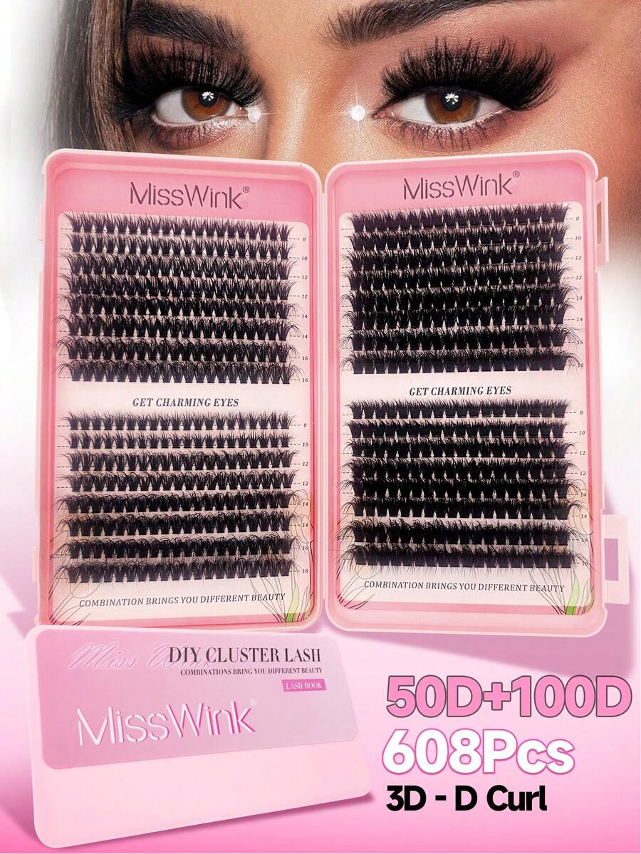 Miss Wink 608 Cluster Super Dense 3D Lashes 50D+100D Effect Extension Mixed Set, 32 Rows 10-16mm Mixed Length 0.07mm D Curl, Thick & Curly Two Types Of Lashes For DIY Lash Extension, Suitable For Daily Makeup Or Outings, Cartoon Lashes - 黑色 - 查看 1