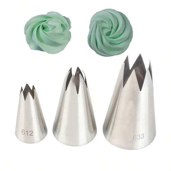 Set di 3 ugelli per tubatura di dimensioni piccola, media e grande, 6 denti, in acciaio inossidabile, strumento per decorare torte, biscotti e dolci