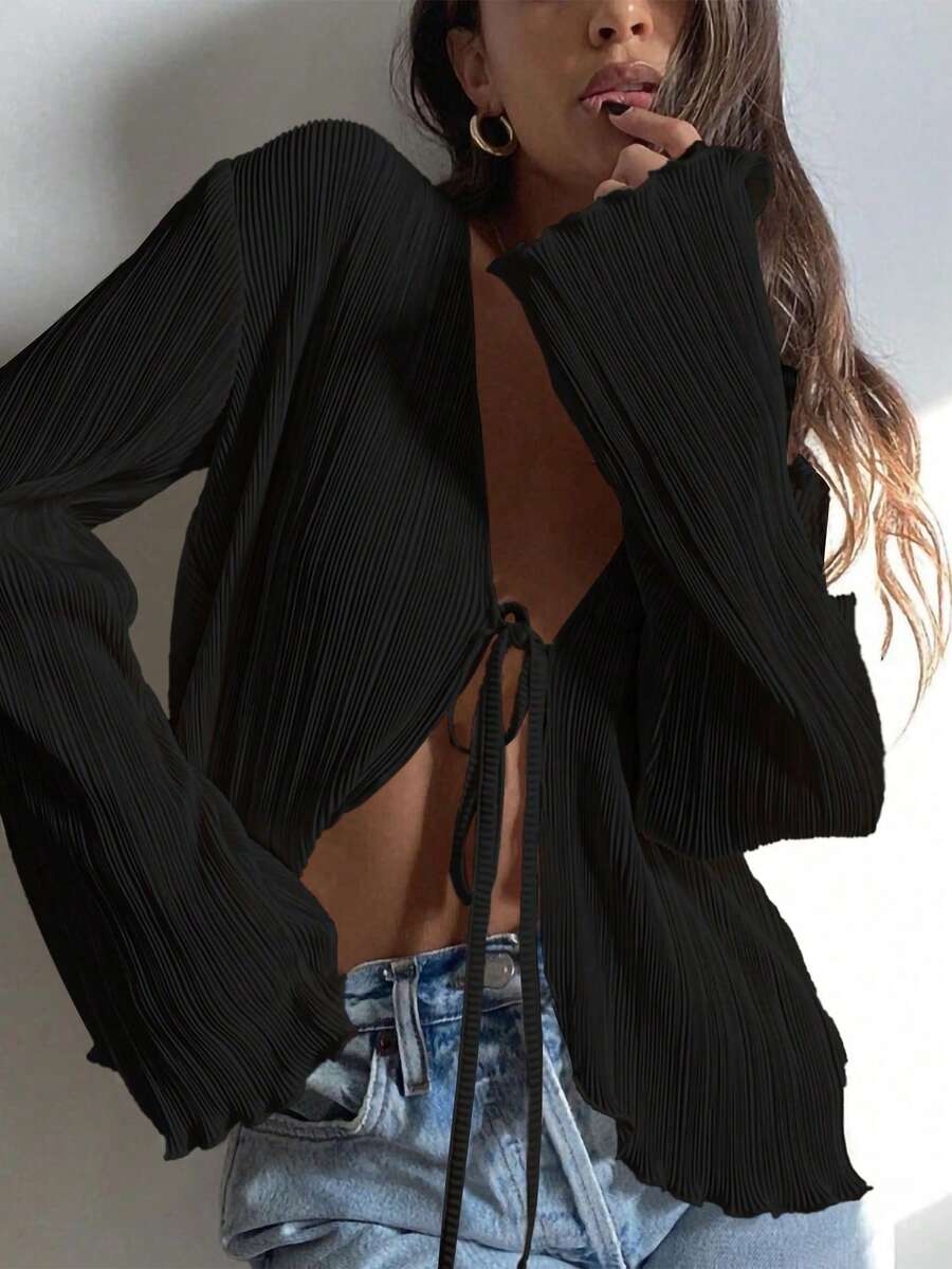 Solid Color Front Tie Long Sleeve Pleated Minimalist French Style Blouse, Casual Daily Wear - màu đen - Xem 1