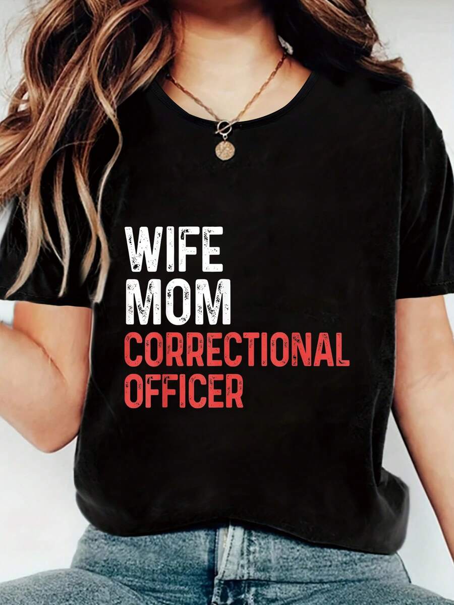 Correctional Officer Diligent Corrections Co Print Women's T-Shirt, Round Crew Neck Short Sleeve T-Shirt, All-Season Comfort Top T-Shirt, Women's Fun Graphic T-Shirts, Best For Holiday Casual Outfits - Black - View 1