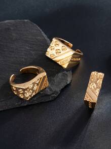 3pcs/Set Metallic Embossed Geometric Shaped Punk Style Open Finger Rings, For Men