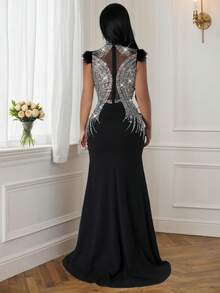 Women's Black Sleeveless Stand Collar Long Prom Dress With Semi-Sheer Mesh And Contrast Sequin Details For Party,Hot Stamping High Slit Waist Cinching Dress,Halloween Costume ,Women Christmas Dress,Autumn Women,Winter Dress Women,Matric Dance Black Dresses,Sequin Dress