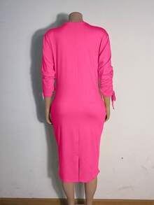 Plus Size Solid Color Pleated Simple Fitted Dress, Casual For Daily Wear - Hot Pink - View 1