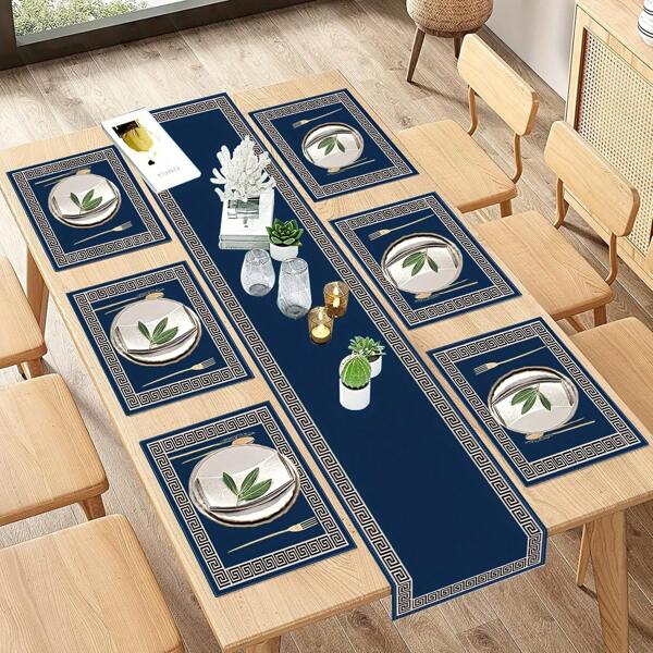 1 conjunto de 7 jogos americanos e caminho de mesa, caminhos de mesa e jogos americanos com design geométrico grego, adequados para mesa de jantar, jogos americanos laváveis azul-marinho, decoração de mesa para cozinha, sala de jantar e festa ao ar livre