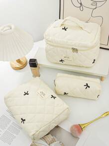 1Pc Bow Embroidered Cosmetic Bag Fashionable Large Capacity Quilted Makeup Bag Sets Travel Cosmetic Bag With Handle Lightweight Fluffy Filling Toiletries Bag For Travel Storage,Daily Use