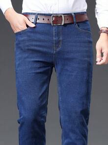 弹力秋冬舒适男士牛仔裤，黑色修身商务休闲牛仔裤，蓝色宽松牛仔裤，适合工作、旅行 - 藍色 - 查看 5