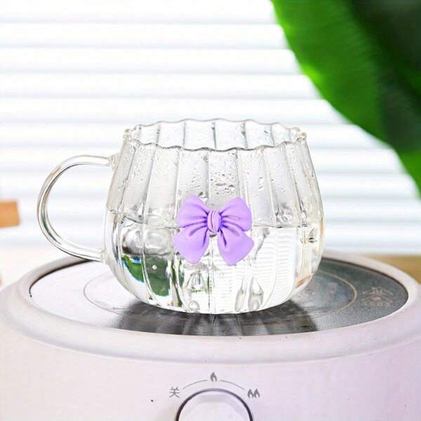 1pc Glass Coffee Cup, Girly Bow Design, Suitable For Cappuccino, Milk, Juice