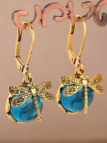 1 Pair Vintage Dragonfly Green Crystal Pendant Earrings, Charming Jewelry For Boho Party Women
