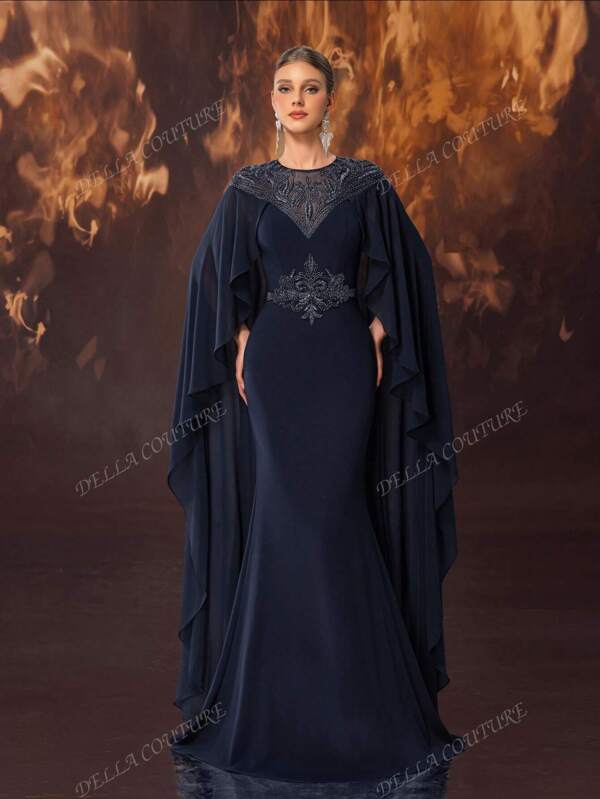DELLA COUTURE Women's Summer Round Neck Navy Blue Formal Party Chiffon Evening Gowns Cloak Sleeve Design With Delicate Beaded Decoration Fashion Ladies Elegant Slim Gorgeous Floor Length Long Dress Suitable For Gatherings, Parties, Weddings And Other Formal Occasions Prom Guest Dresses , Long Cocktail Gown