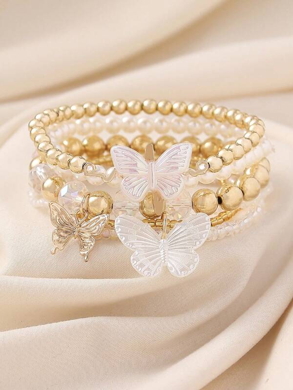4pcs Bohemian Style Elegant Faux Pearl Ombre Butterfly & CCB Beaded Multilayer Bracelet Set, Suitable For Women Daily, Beach, Holiday, Casual Wear
