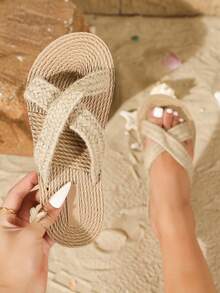 女士塑料拖鞋，亚麻编织外观，平底，交叉绑带，休闲，日常，沙滩人字拖，女士拖鞋 - 杏色1 - 查看 2