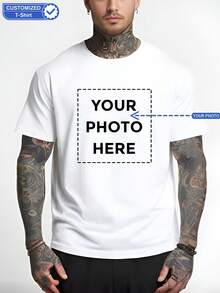 Customizable Men T-Shirt - Add Your Own Photo (Family, Selfie, Pet, Friends, Party) To Design Your Personalized Printed T-Shirt, Couples/Family/Pets, Valentine's Day Gift, Anniversary Gift, Christmas, Thanksgiving, New Year Patterns, Logo, Business, Wedding, Party, Birthday Gift, Halloween Costume, Christmas - White - View 1