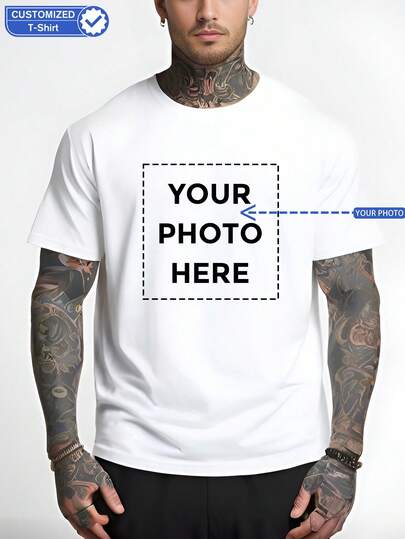 Anpassningsbar herr-T-shirt - Lägg till ditt eget foto (familj, selfie, husdjur, vänner, fest) För att designa din personliga tryckta T-shirt, par/familj/husdjur, alla hjärtans dag-present, jubileumspresent, jul, thanksgiving, nyårsmönster, logotyp, företag, bröllop, fest, födelsedagspresent, halloweendräkt, jul
