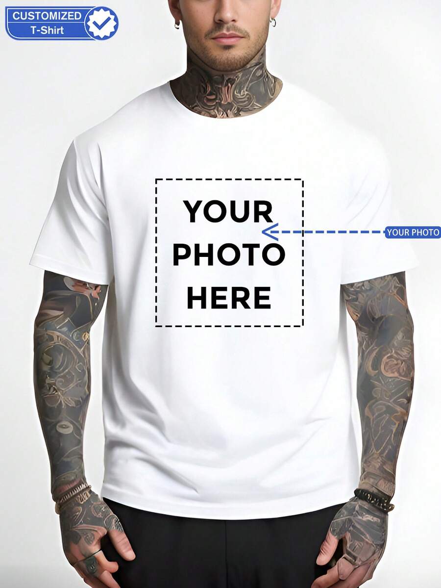 Customizable Men T-Shirt - Add Your Own Photo (Family, Selfie, Pet, Friends, Party) To Design Your Personalized Printed T-Shirt, Couples/Family/Pets, Valentine's Day Gift, Anniversary Gift, Christmas, Thanksgiving, New Year Patterns, Logo, Business, Wedding, Party, Birthday Gift, Halloween Costume, Christmas - White - View 1