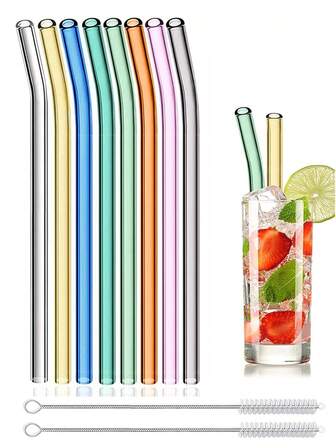 8 包可重复使用多色玻璃吸管套装，含 2 个清洁刷 - 20 厘米（8 英寸）直吸管和弯吸管，可用洗碗机清洗，适用于珍珠奶茶、鸡尾酒、冰沙、冰咖啡、奶昔、果汁、苏打水 - 鲜艳吸管，适合女性、新娘送礼会、女生之夜、生日派对、咖啡馆、家庭酒吧和素食生活方式，（彩虹色混合装），学校用品