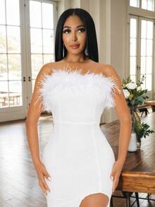 女士无袖亮片羽毛装饰高开衩纯色连衣裙、派对礼服、长袍、正式礼服、晚礼服、婚礼宾客礼服 - 白色 - 查看 3