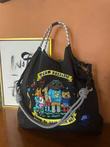 1pc New Fashion Embroidered Animal Pattern Collapsible Tote Bag, Large Capacity For Commuting, Party, Travel, Shopping And Beach Use