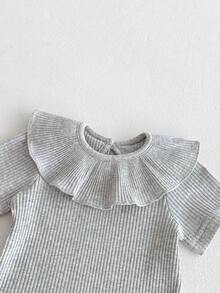 1件女婴可爱简约风格罗纹短袖翻领连体衣 - 淺灰色 - 查看 5