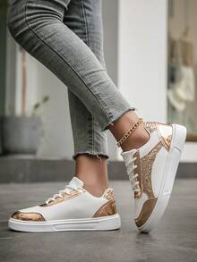 Comfortable & Versatile Women's Shoes With Glamorous Sequin Decoration, Laser Gold Fabric Upper, Flat Sneakers - Gold - View 4