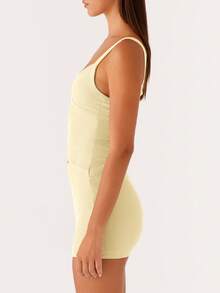 Vestido corto ajustado con escote en V, espalda descubierta y tirantes finos para mujer, para fiesta y cóctel - Amarillo - Ver 2