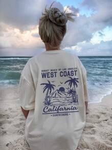 Women's New Summer Casual Round Neck Short Sleeved T-Shirt With Simple And Versatile Palm Tree Slogan Print Suitable For Daily Wear. Graphic Tees Women White Top Black Top Pink Top Vacation Outfits Women