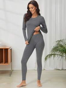 2pcs Women Casual Seamless Comfortable Solid Color Crew Neck Long Sleeve Top And Leggings Thermal Underwear Set, Autumn/Winter