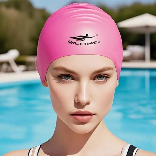 1pc Unisex Silicone Swimming Cap - Waterproof, Anti-Slip, Suitable For Long Hair, Pink Color With "QIANLANG" Logo Design, Durable And Flexible Material, Suitable For Pool Or Beach Use