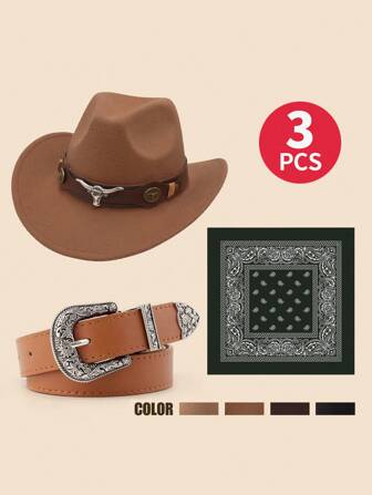3 件套儿童西部服装，牛仔帽腰带和佩斯利印花头巾，适合万圣节装扮