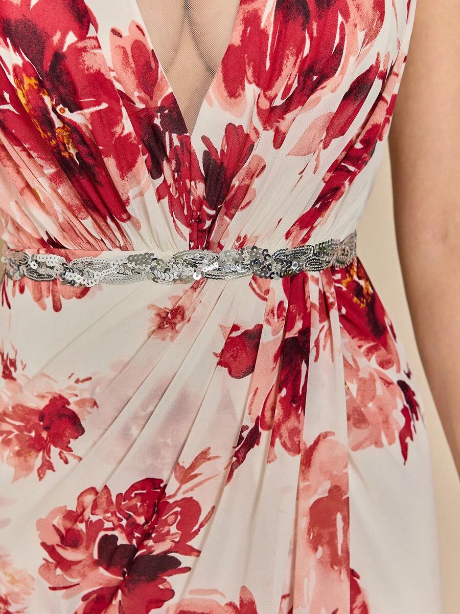 魔幻优雅浪漫雪纺深V领长款伴娘礼服，胸部和腰部饰有褶裥腰带，适合婚礼、夏季、沙滩等场合。 - 紅白色 - 查看 1