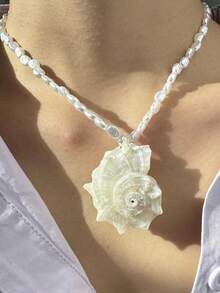 1pc White Baroque Faux Pearl Shell Pendant Necklace, Asymmetrical Elegant Minimalist Beach Jewelry For Women, Summer Vacation