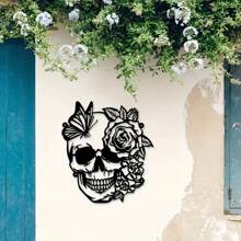 1pc Elegant Skull, Flower & Butterfly Metal Wall Art - Vintage Style Decor With Rose & Green Plants - Durable Black Metal Hanging Sign, Suitable For Living Room, Office, Kitchen Or Bar Decoration, Decorative Art | Elegant Wall Accessory | Durable Metal Art, Large Wall Art Room Decor Bedroom Decor Home Decor Wall Decor