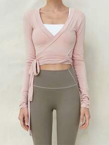 Women Solid Color Dance Tops Slim Fit Wrapped V Neck Tie-Up Long Sleeve Crop Ballet Cardigan - Pink - View 2