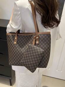 Dos piezas Bolso de tote de gran capacidad para mujer, bolso de hombro con contraste de color elegante de PU, adecuado para estudiantes universitarias, principiantes y trabajadores de cuello blanco, apropiado para la oficina, la universidad, el trabajo, los negocios, los desplazamientos, al aire libre, los viajes y las salidas