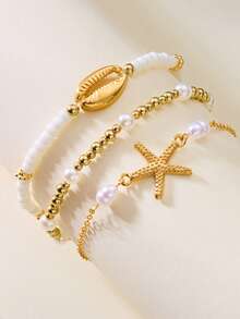 3pcs/Set Ocean Vacation Style Starfish, Pearl, Shell Beaded Anklet Set, Suitable For Beach Wear - Yellow Gold - View 2