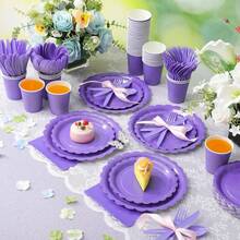 350 Plates And Napkins, 50 Guest Spring Party Supplies Include Paper Plates Napkins Cups Plastic Spoons - Purple - View 3
