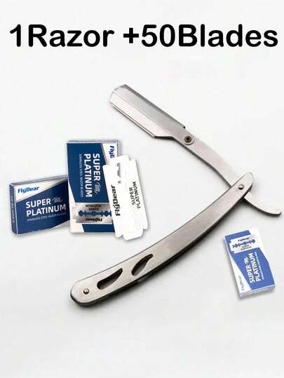 50pcs Blades + 1pc Neutral Folding Razor - Barber Quality Straight Edge Razor, Ultra-Thin Stainless Steel Double-Sided Blades, Suitable For Men's Facial Care, Manual Shaving, Beard Trimming And Haircuts - Durable Stainless Steel Material, Ergonomic Design, Portable And Space-Saving